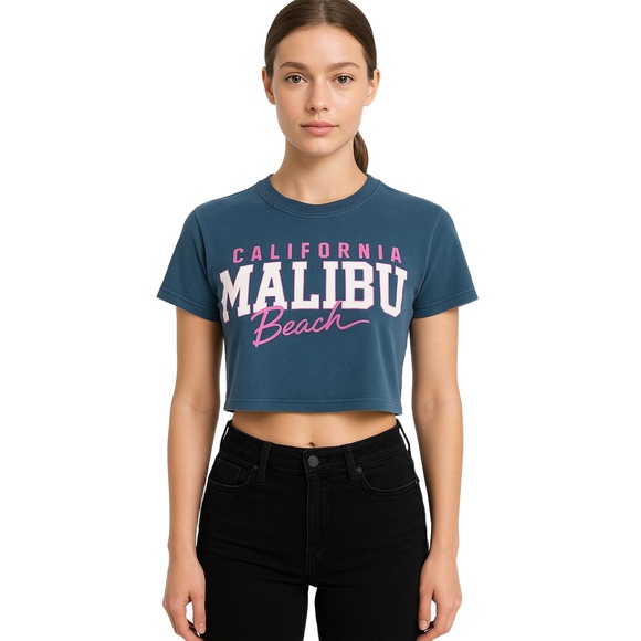 Mighty Fine Tops - MIGHTY FINE Blue Graphic "California Malibu Beach" Crop T-shirt Womens XS